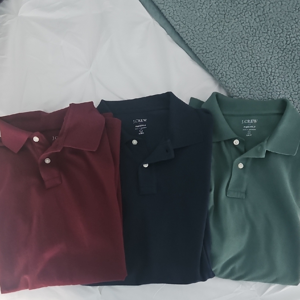 J. Crew Men's Polo Trio - Burgundy, Navy, Forest Green
